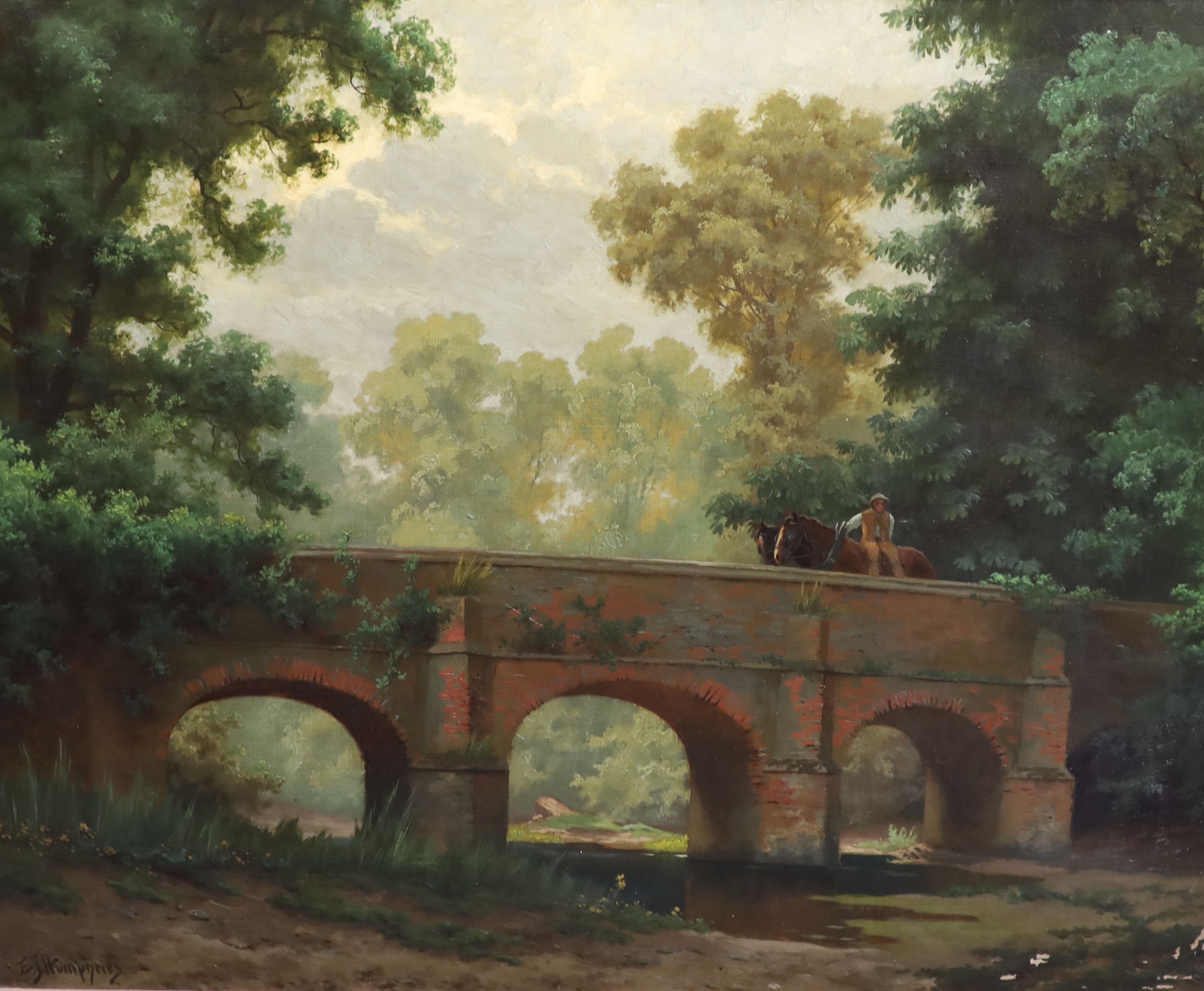 E.J. Humphries, oil on canvas, Horseman crossing a stone bridge, signed, 62.5 x 75cm